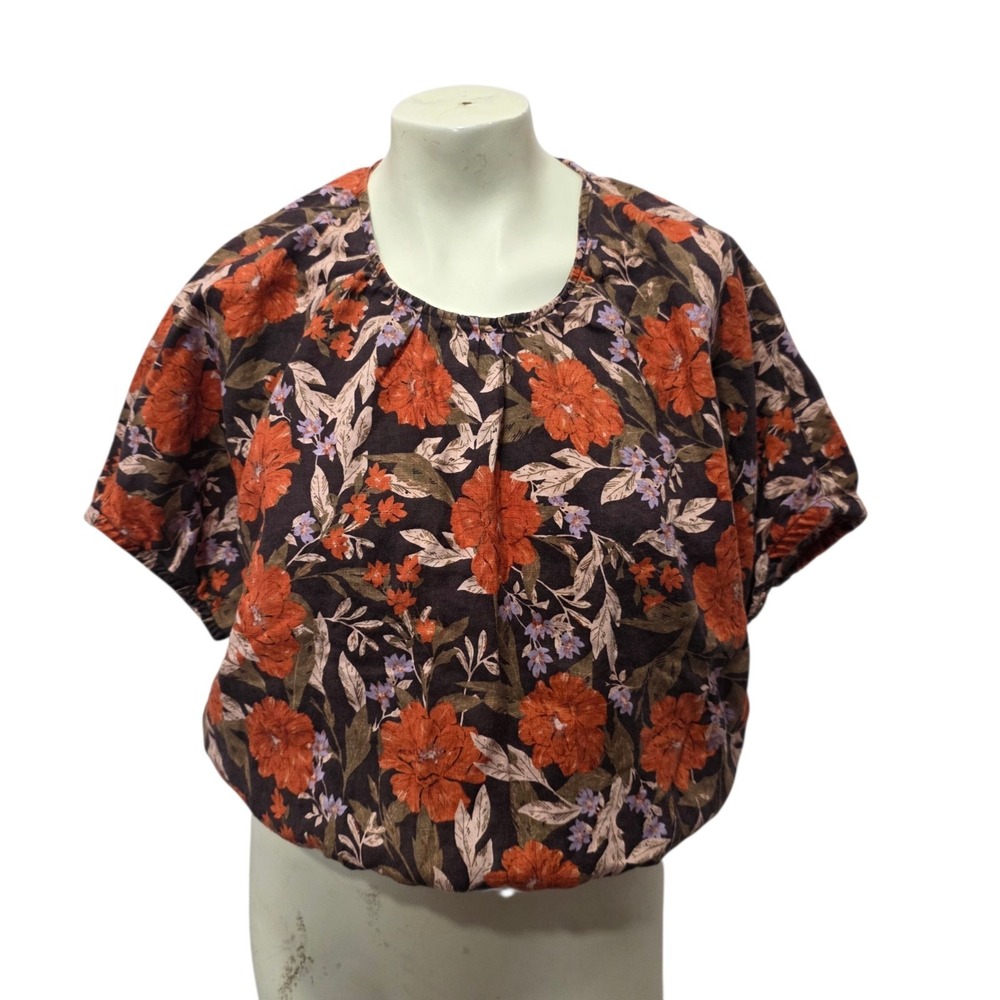 Haute Hippie Style 100% Linen Floral Peasant Blouse XL Boho Puff Sleeve Top